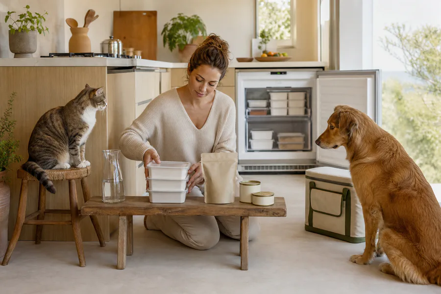 Cuidadora organizando comida congelada, deshidratada y húmeda para perro y gato