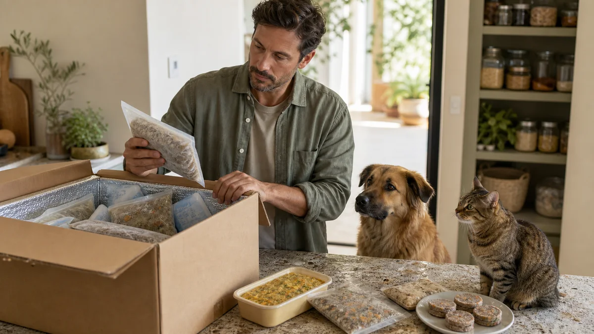 Perro y gato junto a varios formatos de comida natural congelada de distintas marcas
