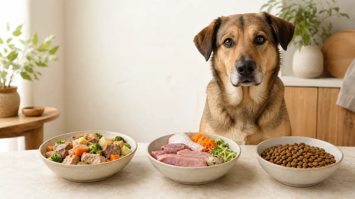 Gos davant de menjar cuinat, dieta BARF i pinso natural