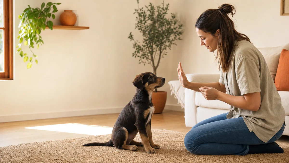 Propietaria educando a un cachorro con refuerzo positivo en casa