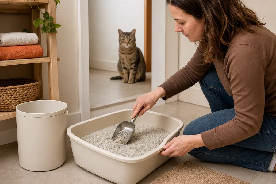 Limpieza diaria del arenero mientras el gato observa con tranquilidad