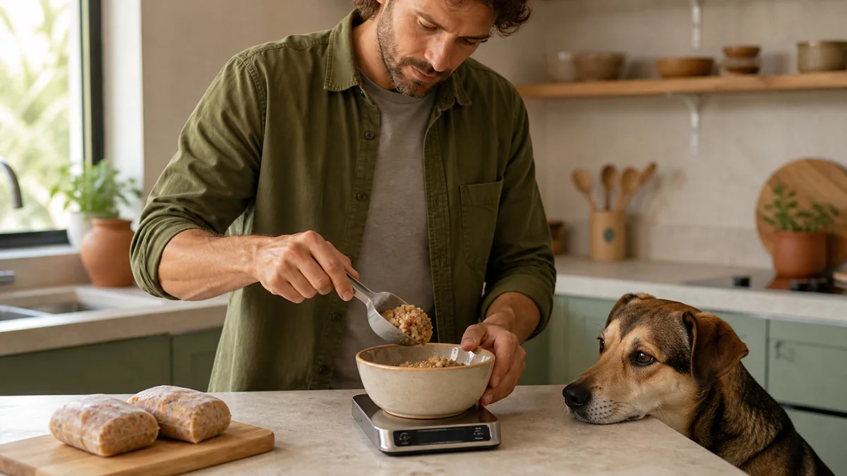 Cuidador pesando una ración de comida natural en una báscula de cocina junto a su perro