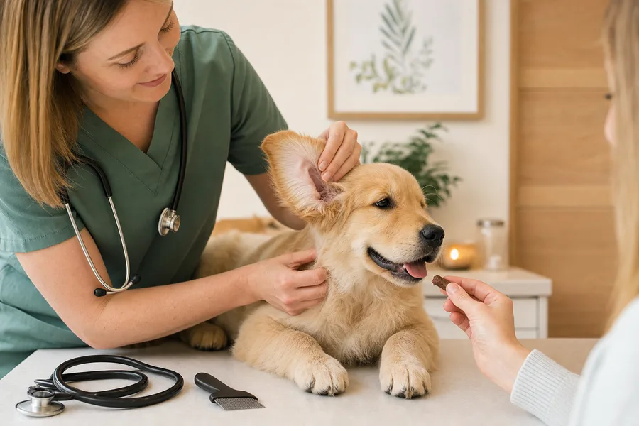 Revisión de oídos y pelaje de un cachorro en la clínica veterinaria