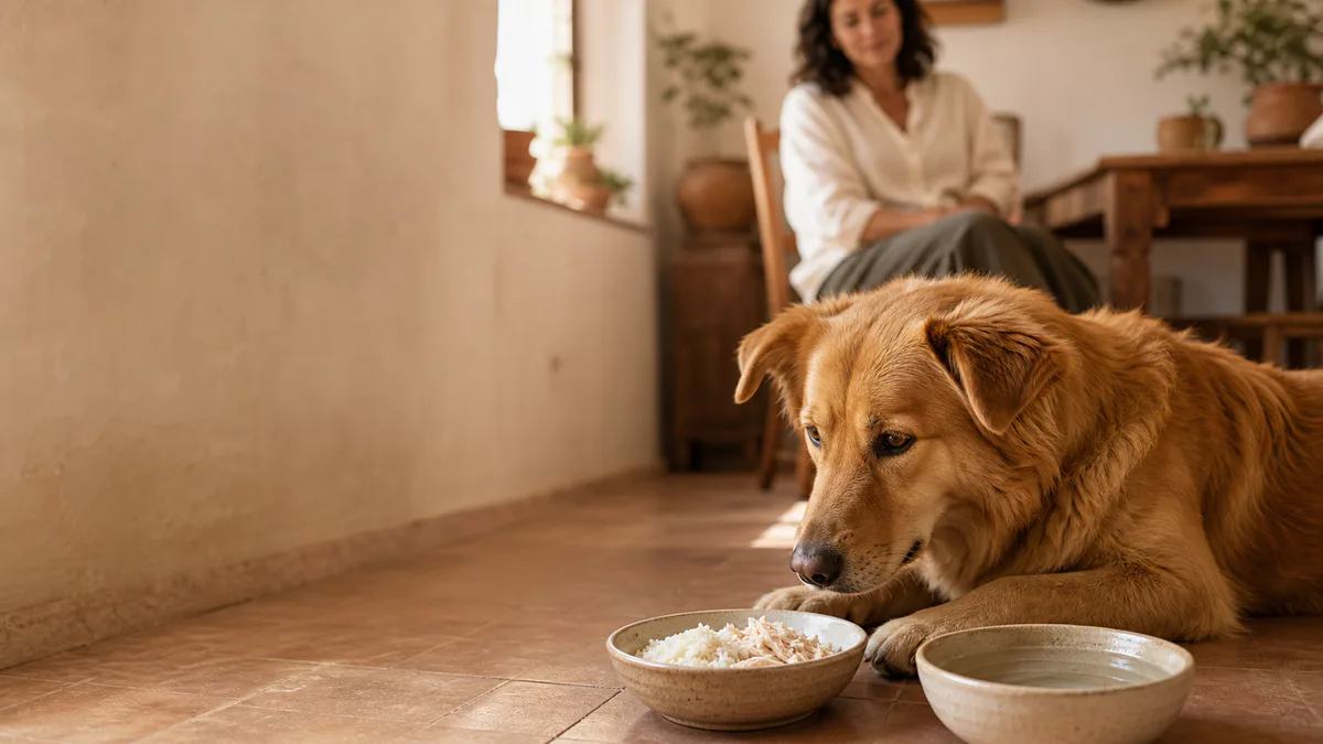 Perro tumbado en el suelo ante un cuenco con arroz blanco y pollo desmenuzado y otro cuenco de agua