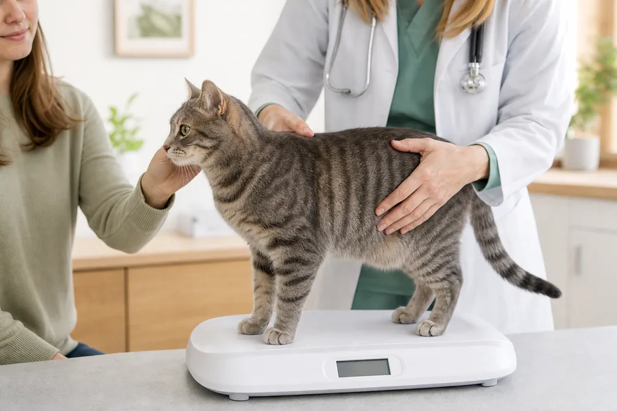 Veterinaria evaluando el peso y la condición corporal de un gato