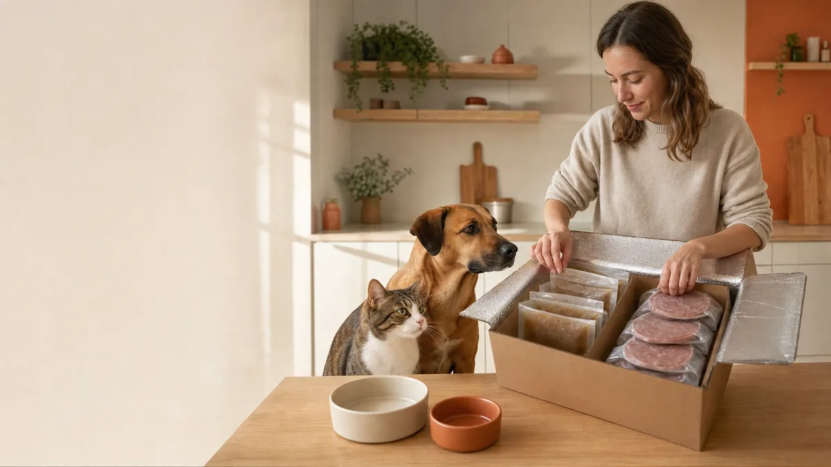 Perro y gato junto a una entrega de comida cocinada y BARF