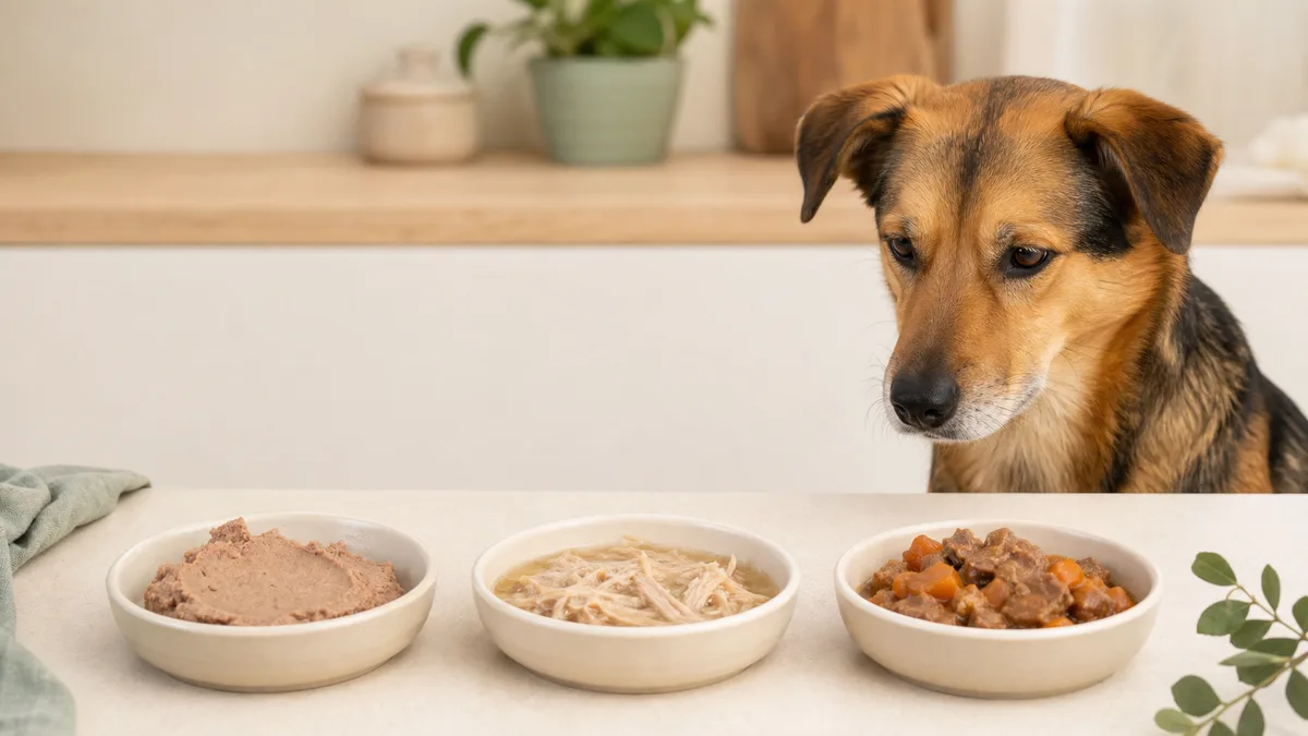 Perro comparando tres tipos de comida húmeda con distintas texturas