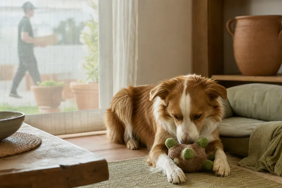 Perro tranquilo jugando mientras pasa un repartidor al otro lado de la ventana