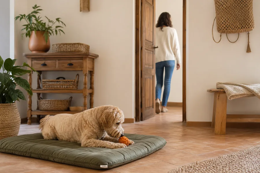 Perro relajado en su cama durante una práctica gradual de separación