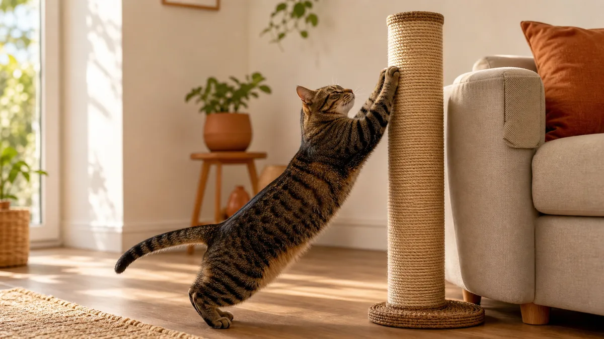 Gato utilizando un rascador alto colocado junto al sofá