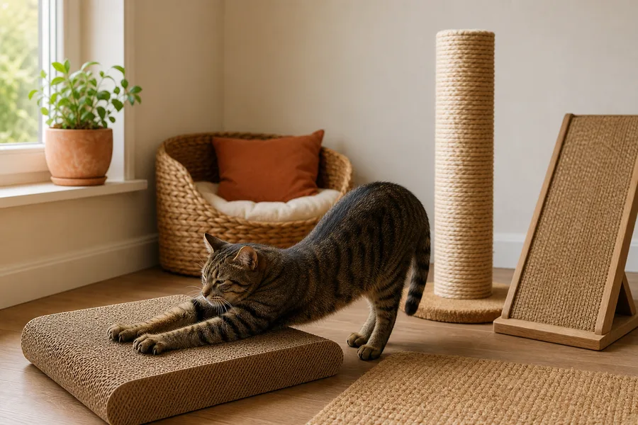 Gato usando un rascador horizontal junto a otras opciones de rascado