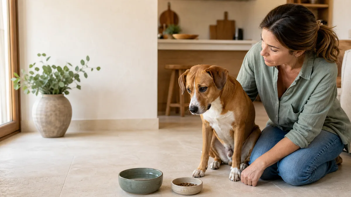 Perro con náuseas leves observado atentamente por su cuidadora