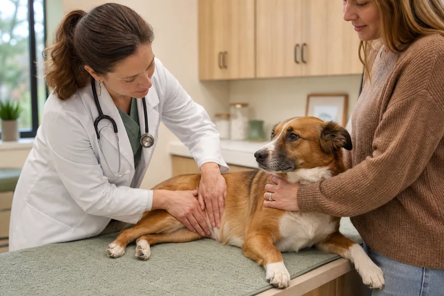 Veterinaria explorando el abdomen de un perro con molestias digestivas