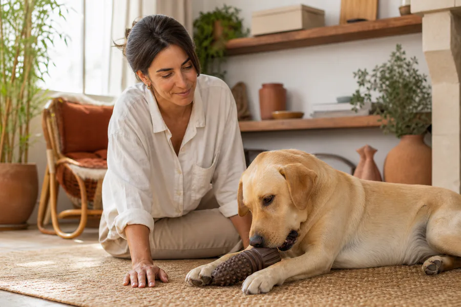 Labrador tumbado royendo un juguete masticable mientras su cuidadora lo acompaña en el suelo