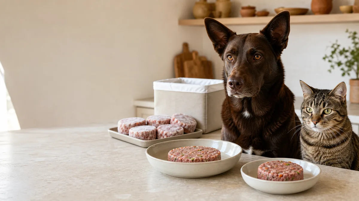 Perro y gato junto a raciones BARF ultracongeladas en forma de hamburguesa