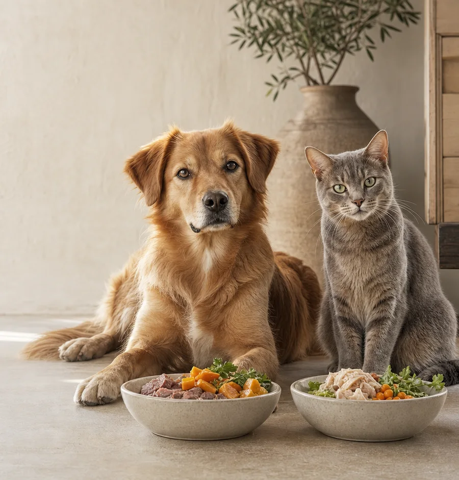 Perro y gato junto a cuencos de comida natural en un hogar luminoso